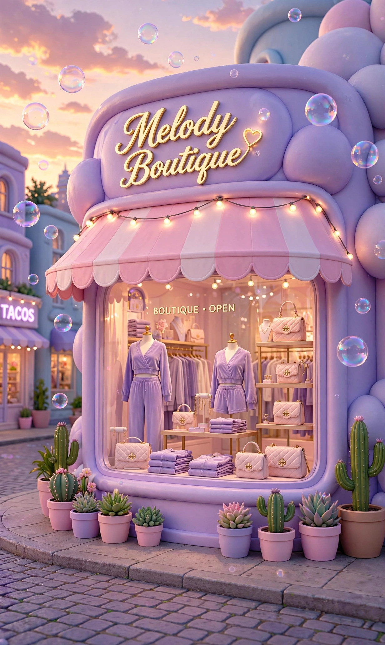 A pastel boutique storefront glowing at dusk, surrounded by potted cacti