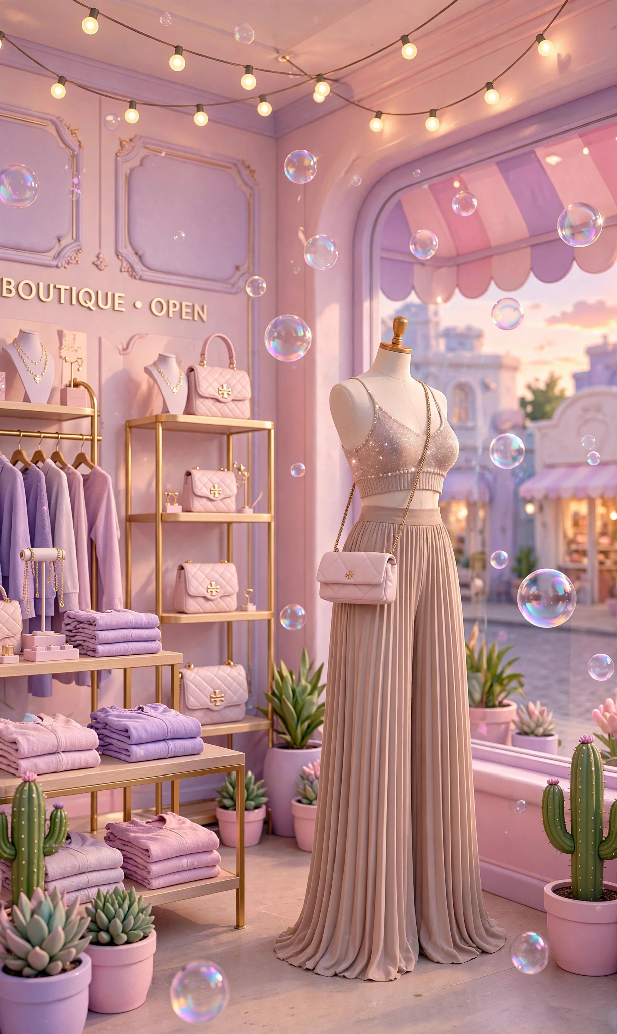 A pastel boutique interior with soft light and floating bubbles
