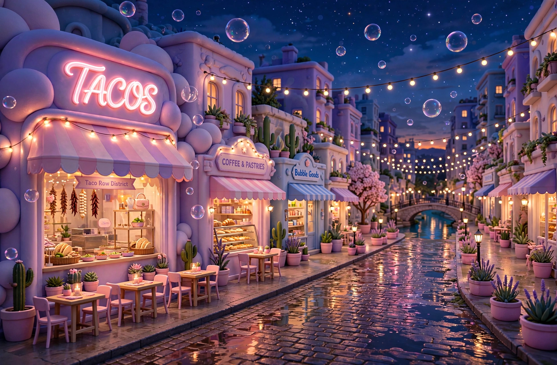A softly lit pastel street of cozy shopfronts at night, glowing signs reflected on wet cobblestones