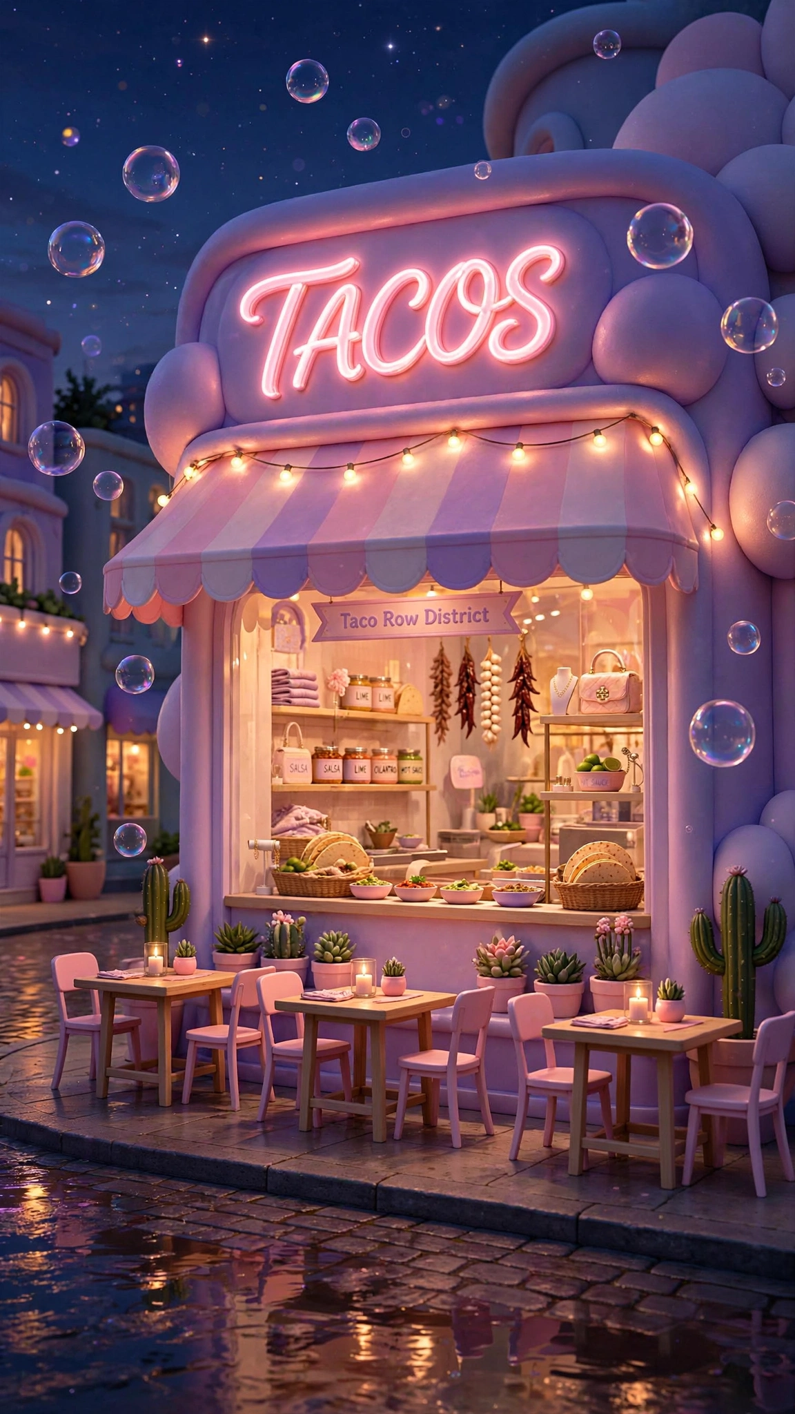 A neon-lit pastel taco stand with striped awning and candlelit tables